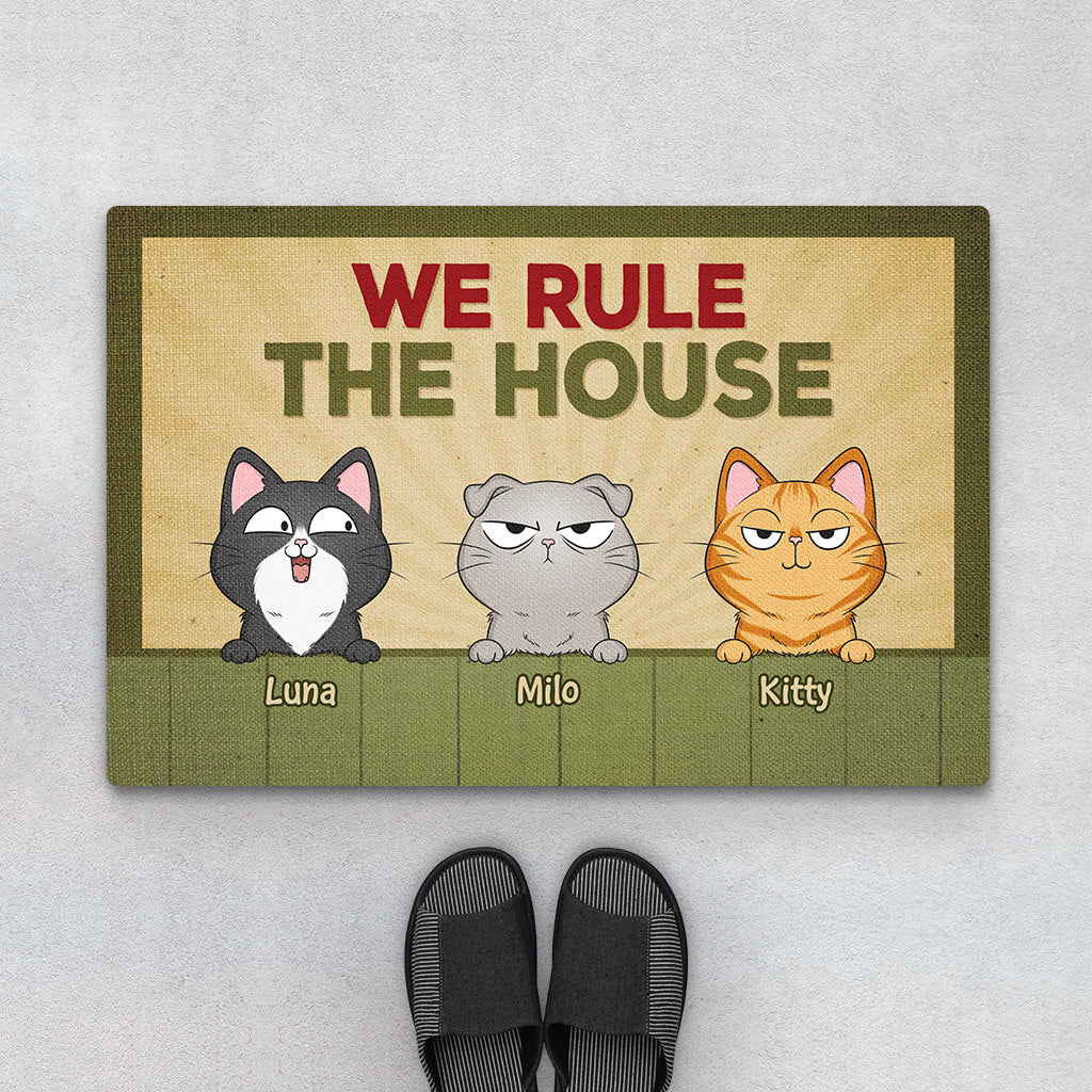 Personalised We Rule The House Doormat For Cat Lovers