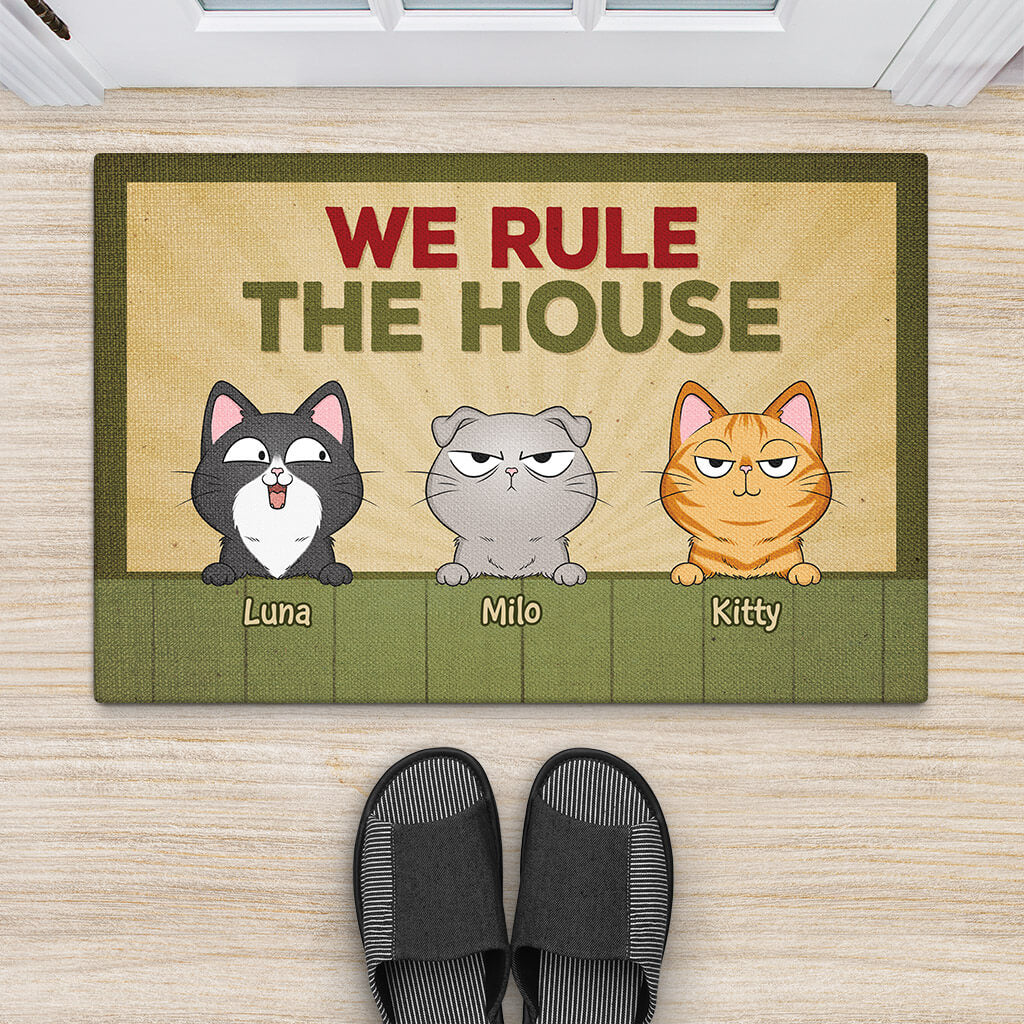 Personalised We Rule The House Doormat For Cat Lovers