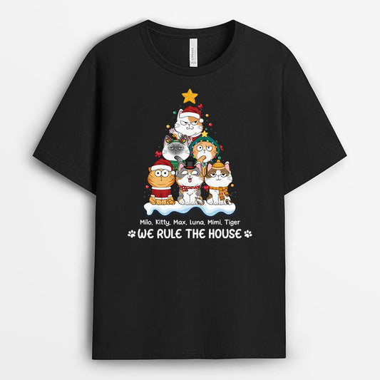 3425AUK1 xmas we rule the house t shirt  personalised gifts for cat lovers