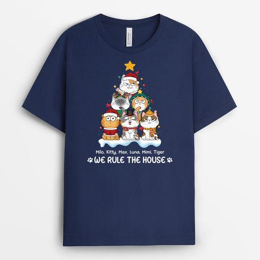 3425AUK2 xmas we rule the house t shirt  personalised gifts for cat lovers