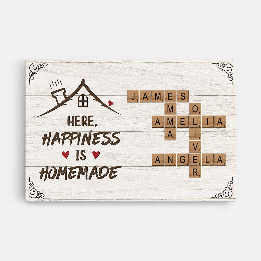 Personalised Here Happiness Is Homemade Family Crossword Canvas