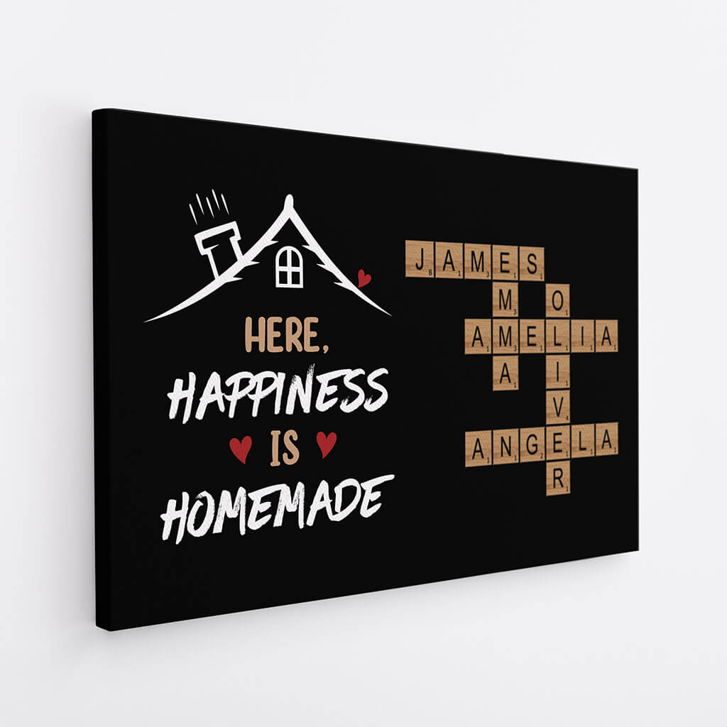 Personalised Here Happiness Is Homemade Family Crossword Canvas