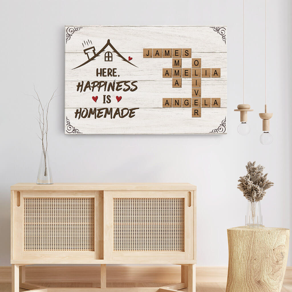 Personalised Here Happiness Is Homemade Family Crossword Canvas