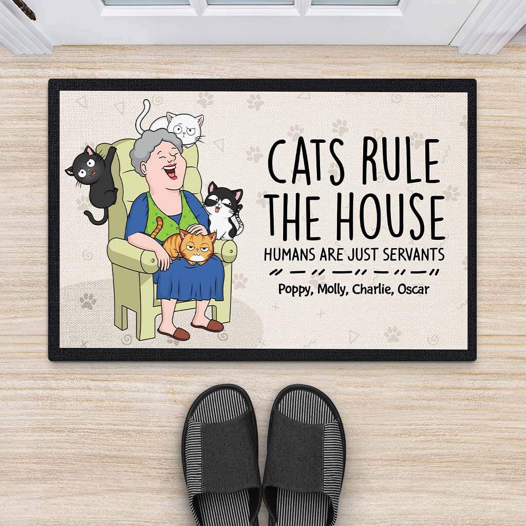 3484DUK2 cat rules the house doormat  personalised gifts for cat dad