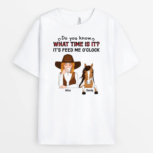 3507AUK1 its feed me oclock funny t shirt  personalised for horse lovers