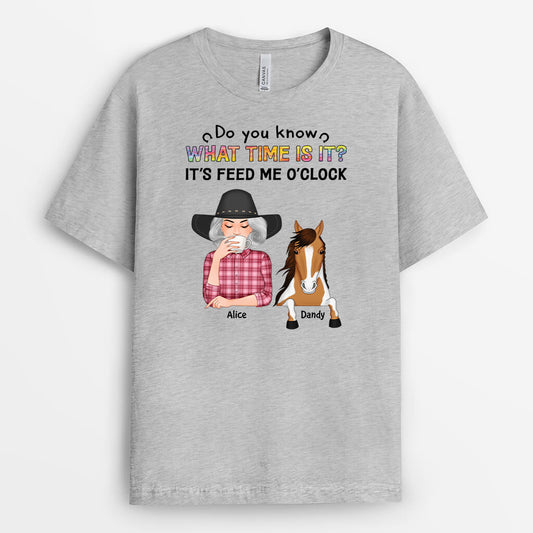 3507AUK2 its feed me oclock funny t shirt  personalised for horse lovers