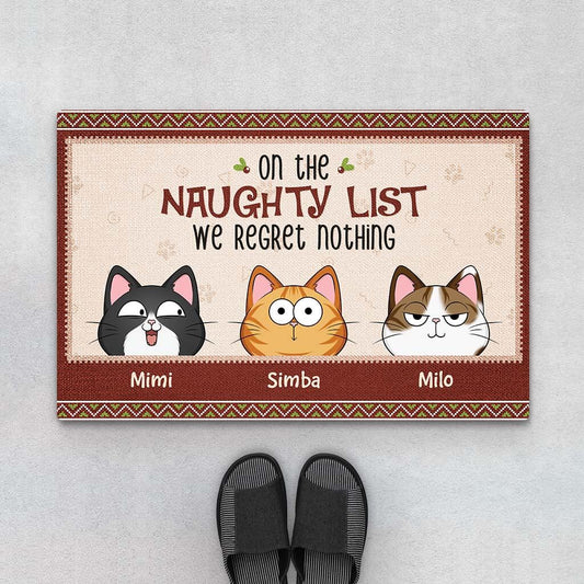 3516DUK1 on the naughty list we regret nothing christmas doormat  personalised gits for cat lovers