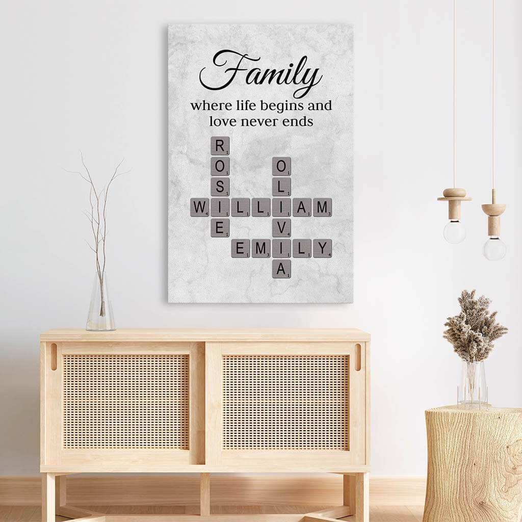 Personalised Family Where Life Begins and Love Never Ends Crossword Canvas