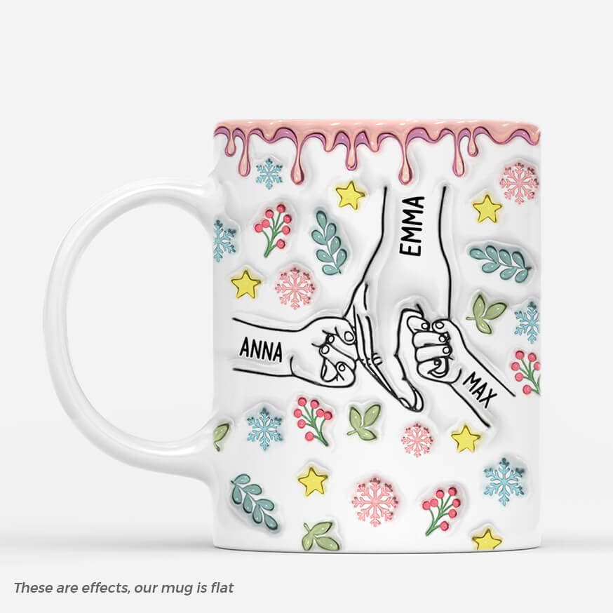 Personalised Christmas Holding Hands Pink 3D Inflated Effect Mug for Mum