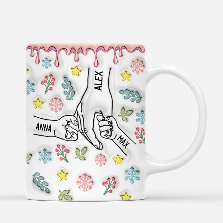 Personalised Christmas Holding Hands Pink 3D Inflated Effect Mug for Mum