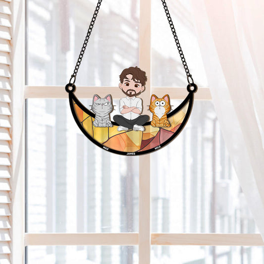 3795UUS2 girl and cat sitting on the moon  personalized window hanging suncatcher ornament for cat lovers 3795U5H0D
