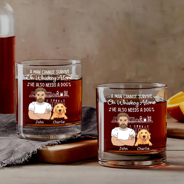 A Man Cannot Survive On Wine Alone Dog Dad - Personalized Custom Whiskey Glass main image 0