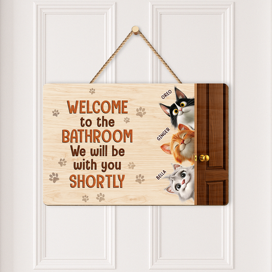 7735QUS2 wooden welcome to the bathroom cat sign custom gifts for cat lovers 7735qtrad