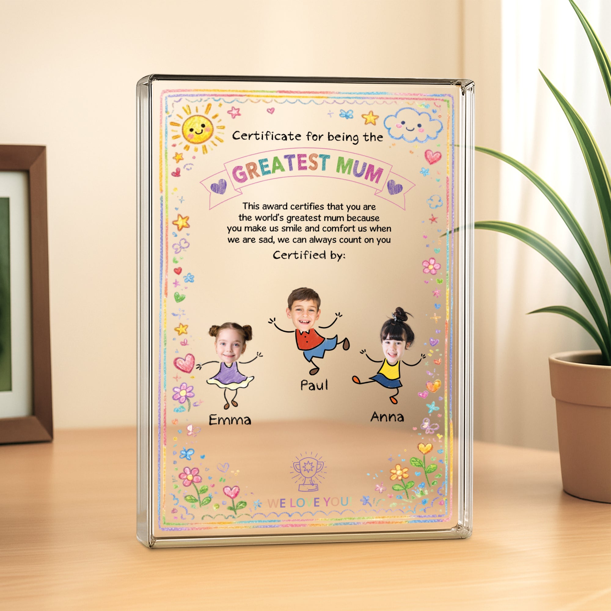 7831RUK2 personalised rectangle acrylic certificate plaque with kids faces for mumgrandma 7831rsyca
