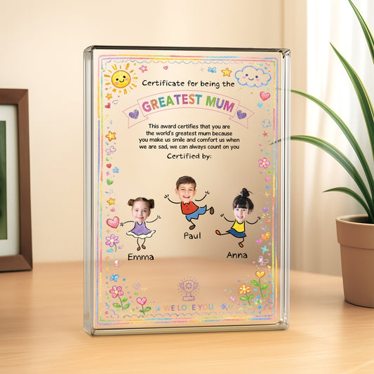7831RUK2 personalised rectangle acrylic certificate plaque with kids faces for mumgrandma 7831rsyca