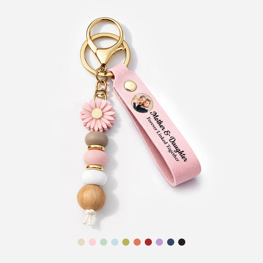 8510MUK1 personalised mother and daughter forever linked together daisy beaded keyring with photo 8510mj8pwa