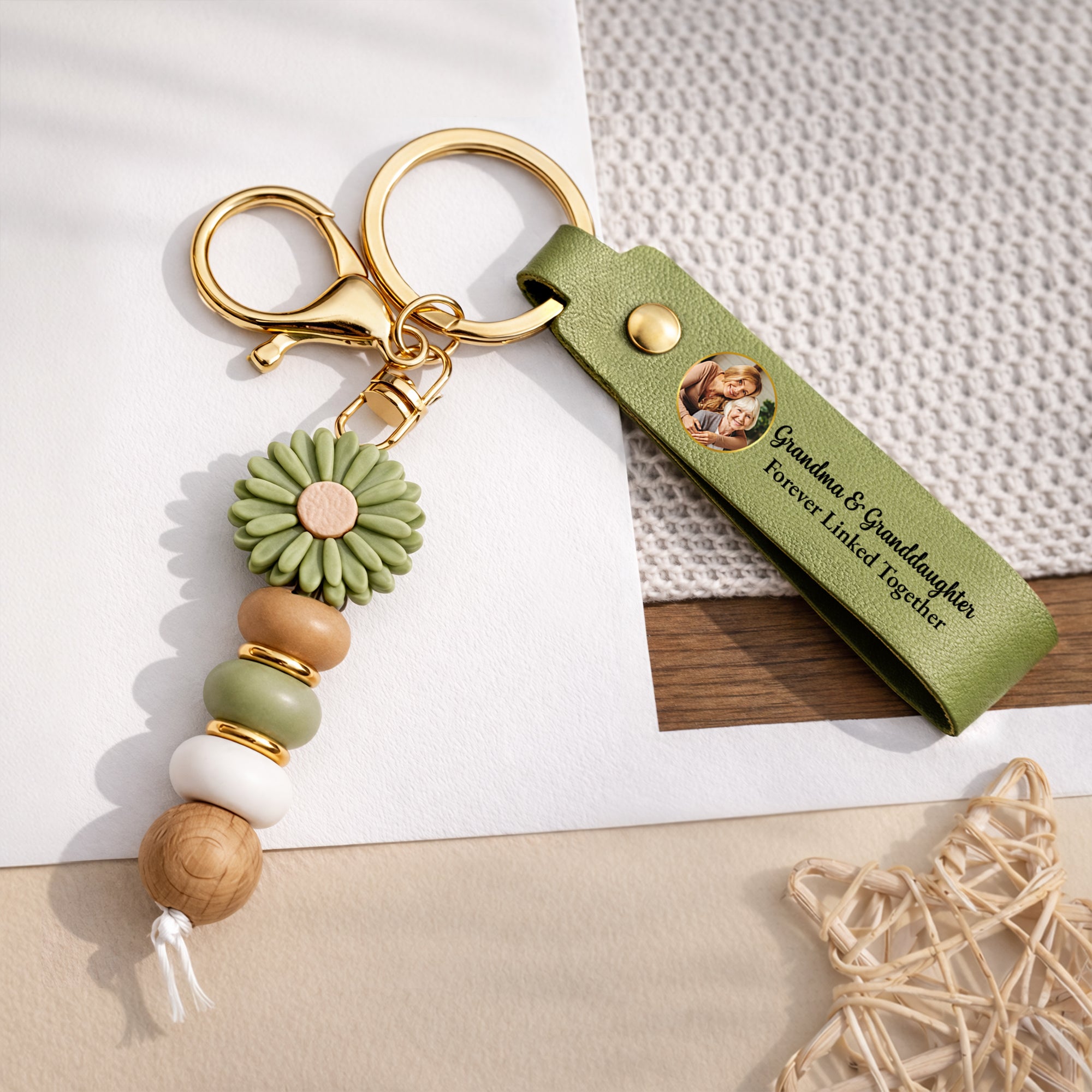 8510MUK2 personalised mother and daughter forever linked together daisy beaded keyring with photo 8510mj8pwa
