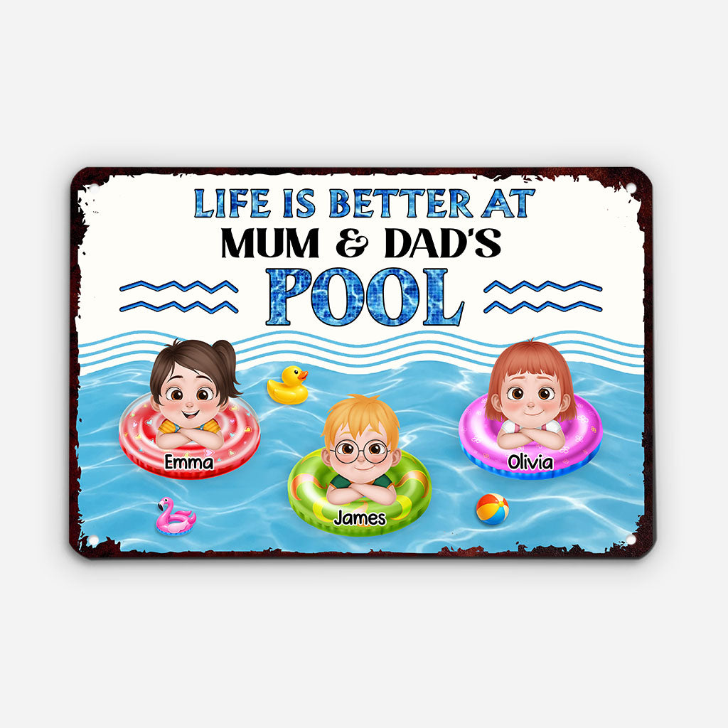 9275EUK2 personalised life is better at the pool metal sign for family members 9275e8ysa