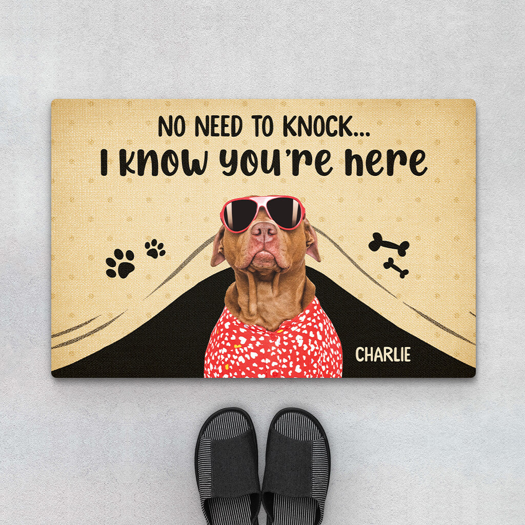 Personalised No Need To Knock , We Know You're Here Funny Dog Doormat