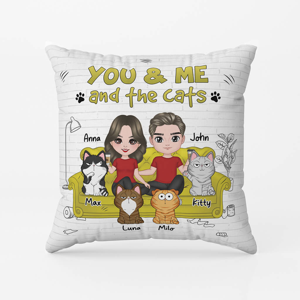 Personalised YOU & ME And The Cat Pillow For Couple