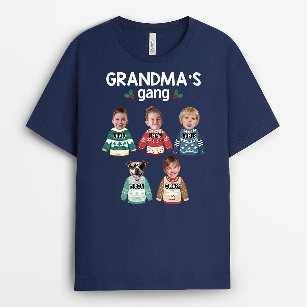 Personalised Grandad's Gang Christmas With Grandkids & Pets' Face T-shirt