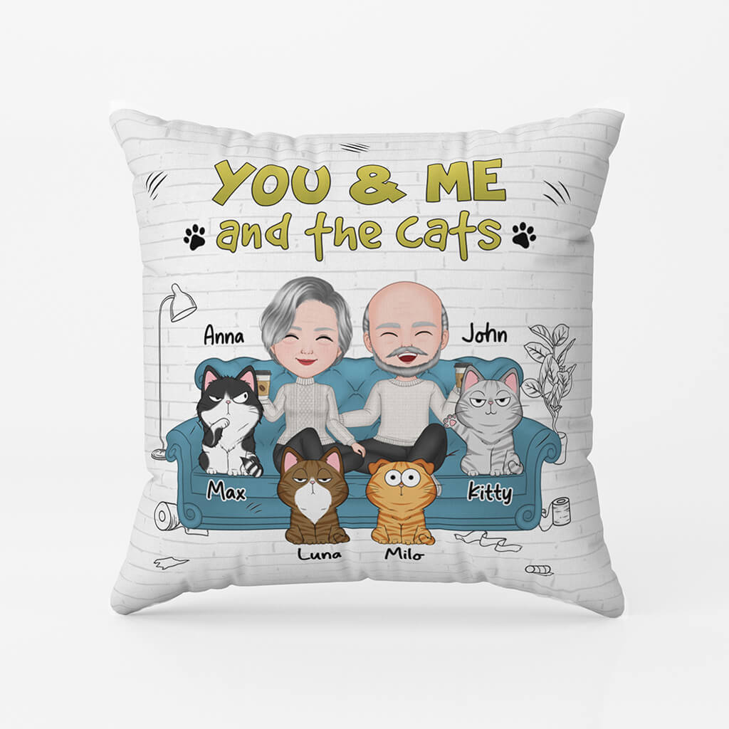 Personalised YOU & ME And The Cat Pillow For Couple