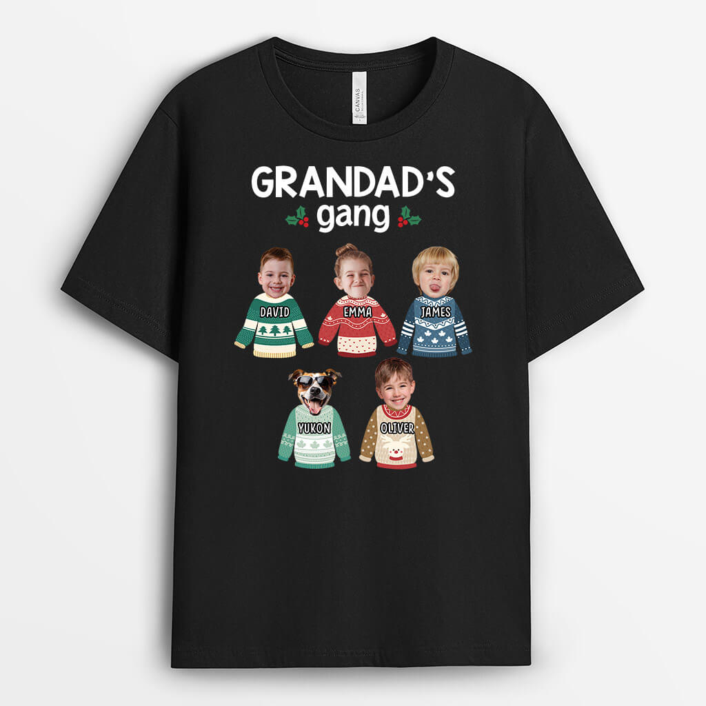 Personalised Grandad's Gang Christmas With Grandkids & Pets' Face T-shirt