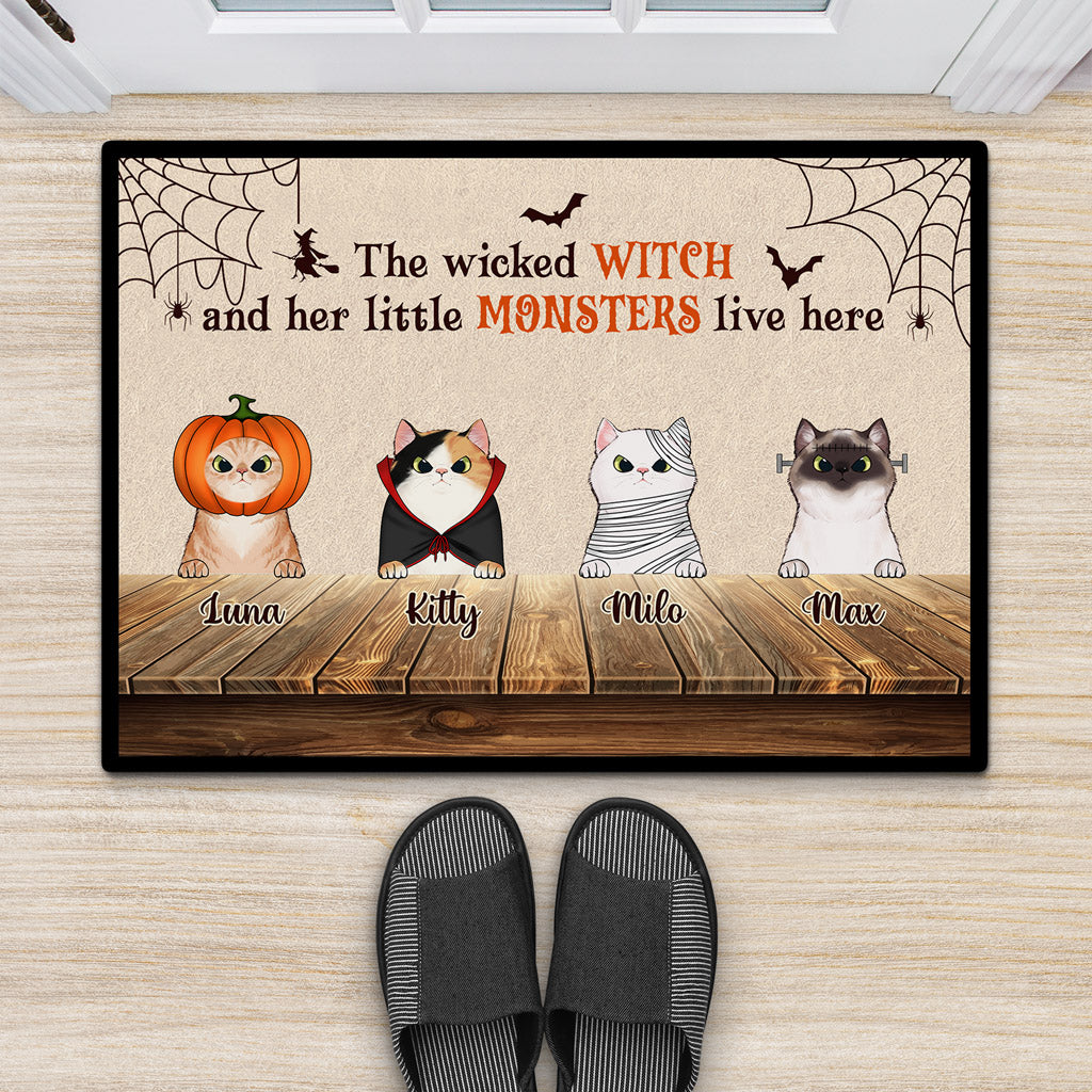 Wicked Witch And Monster Cats - Personalised Gifts | Door mats for Halloween