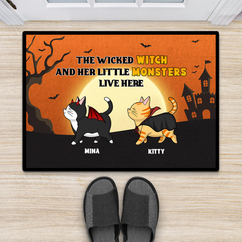 Wicked Witch And Monsters - Personalised Gifts | Door mats for Cat Lovers Halloween